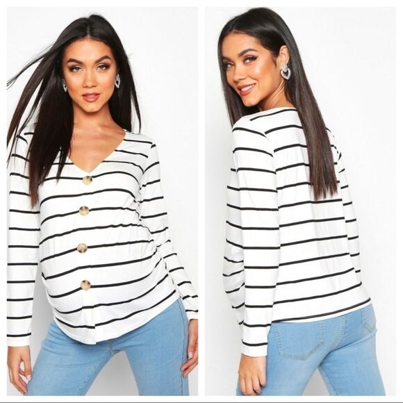 NWT Boohoo Maternity Button Front Stripe Top - Picture 1 of 4